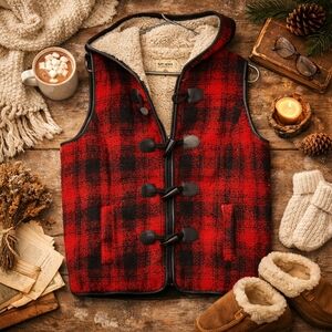 Ruff Hewn Buffalo Plaid Sherpa Lined Hooded Vest M Red Black Cozy Cottagecore